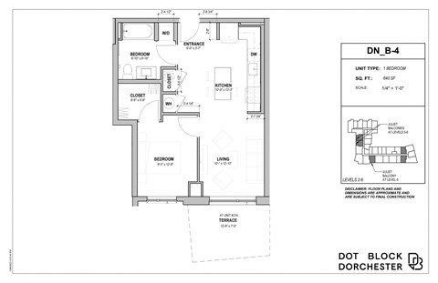 Floor plan for 1 bed, 1 bath, 640 sqft